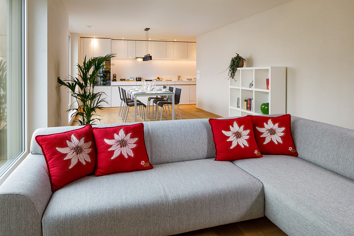 Eine gemuetliche Sofalandschaft im Gemeinschaftsbereich des Co-Living und im Hintergrund ist die Küche zu sehen.