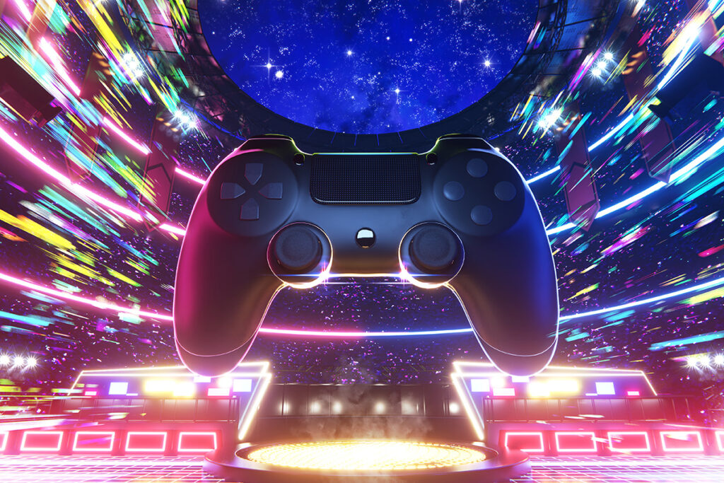 Nahaufnahme eines schwarzen kabellosen Gamepads, das über einer futuristischen Bühne mit dynamischen, bunten Lichtstreifen und einem Sternenhimmel schwebt.