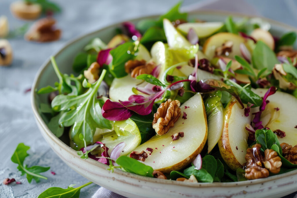 Grüner Salat mit Birnen, Nuessen und Kraeutern in einer beigen Schale.