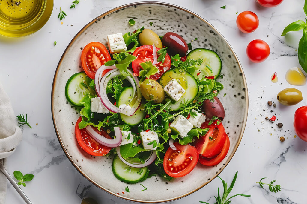 Griechischer Salat - Tomaten, Oliven, Gurken und Fetakäse in einer weissen Schale.